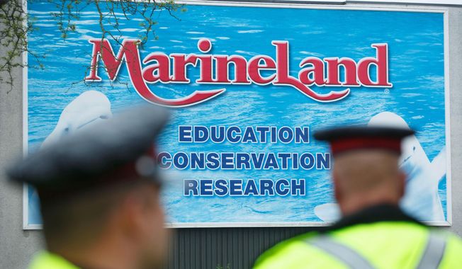 Police officers block protestors from an entrance to Marineland grounds in Niagara Falls, Ontario, Canada, on May 20, 2023. (Alex Lupul/The Canadian Press via AP)