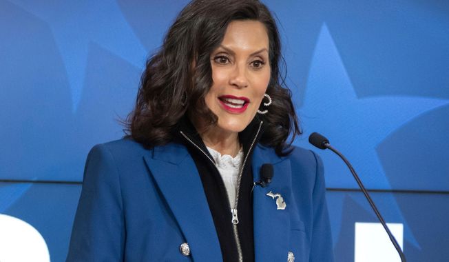 FILE - Michigan Gov. Gretchen Whitmer gives a policy speech at an event, April 9, 2025, in Washington. (AP Photo/Mark Schiefelbein, File)