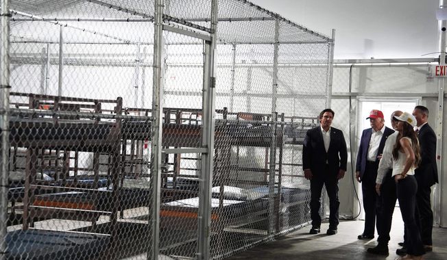 FILE - President Donald Trump, Gov. Ron DeSantis, R-Fla., and Homeland Security Secretary Kristi Noem, and others, tour "Alligator Alcatraz," a new migrant detention facility at Dade-Collier Training and Transition facility, Tuesday, July 1, 2025, in Ochopee, Fla. (AP Photo/Evan Vucci, File)