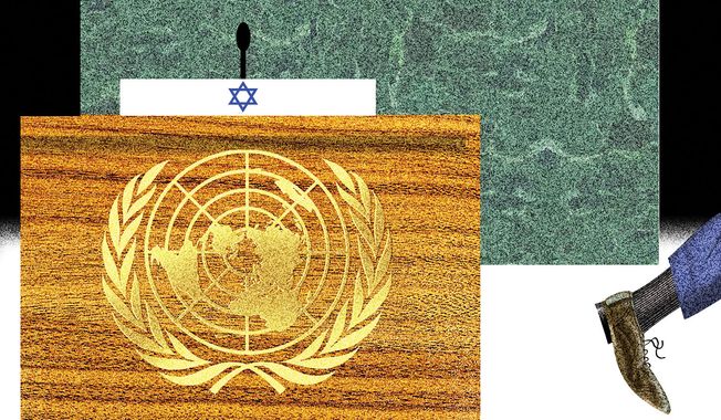 Walkout against Israel at the United Nations illustration by Alexander Hunter/The Washington Times