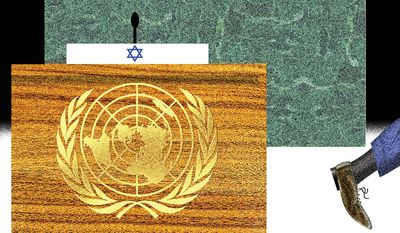 Walkout against Israel at the United Nations illustration by Alexander Hunter/The Washington Times