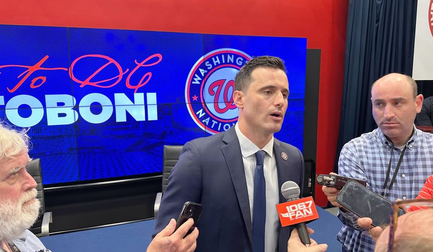 Paul Toboni, the Washington Nationals' new president of baseball operations, speaks to reporters after his introductory news conference at Nationals Park in Washington, Wednesday, Oct. 1, 2025. (AP Photo/Howard Fendrich)