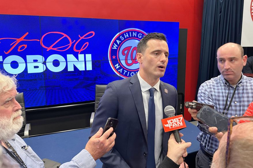 Paul Toboni, the Washington Nationals' new president of baseball operations, speaks to reporters after his introductory news conference at Nationals Park in Washington, Wednesday, Oct. 1, 2025. (AP Photo/Howard Fendrich)