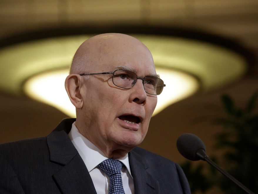 Elder Dallin H. Oaks of the Church's Quorum of the Twelve Apostles speaks during a news conference at the Conference Center, Jan. 27, 2015, in Salt Lake City. (AP Photo/Rick Bowmer, file)