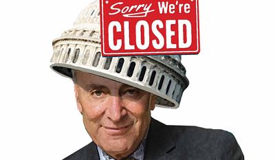 Senate Minority Leader Charles E. Schumer and the government shutdown illustration by Alexander Hunter/The Washington Times
