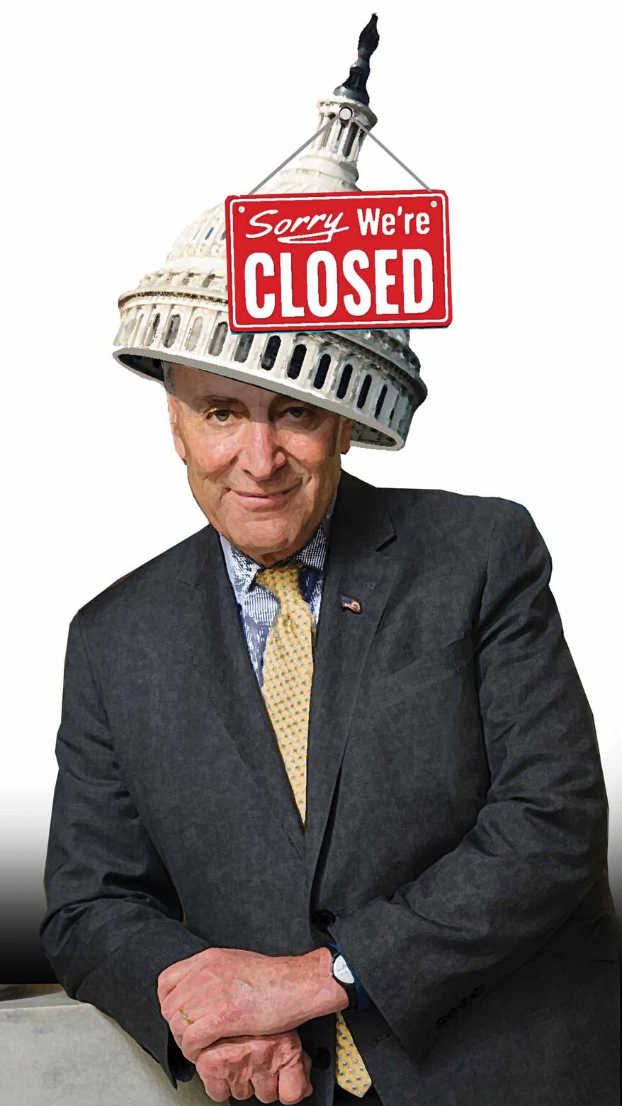 Senate Minority Leader Charles E. Schumer and the government shutdown illustration by Alexander Hunter/The Washington Times