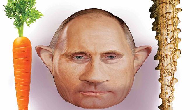 Russian President Vladimir Putin and the carrot or the stick illustration by Alexander Hunter/The Washington Times
