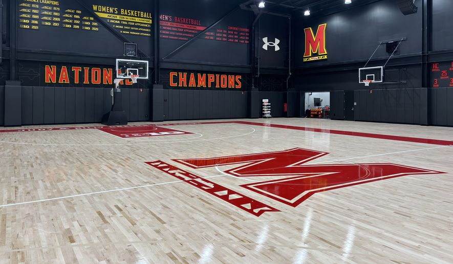 The practice court at the University of Maryland's new Barry P. Gossett Basketball Performance Center in College Park, Maryland. The 45,000-square-foot building cost $52 million and took just more than two years to build. (George Gerbo/The Washington Times) ** FILE **