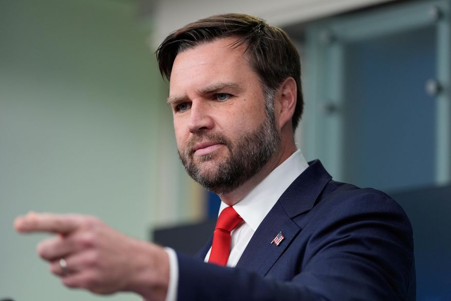 Vice President JD Vance speaks with reporters in the James Brady Press Briefing Room at the White House, Wednesday, Oct. 1, 2025, in Washington. (AP Photo/Alex Brandon)