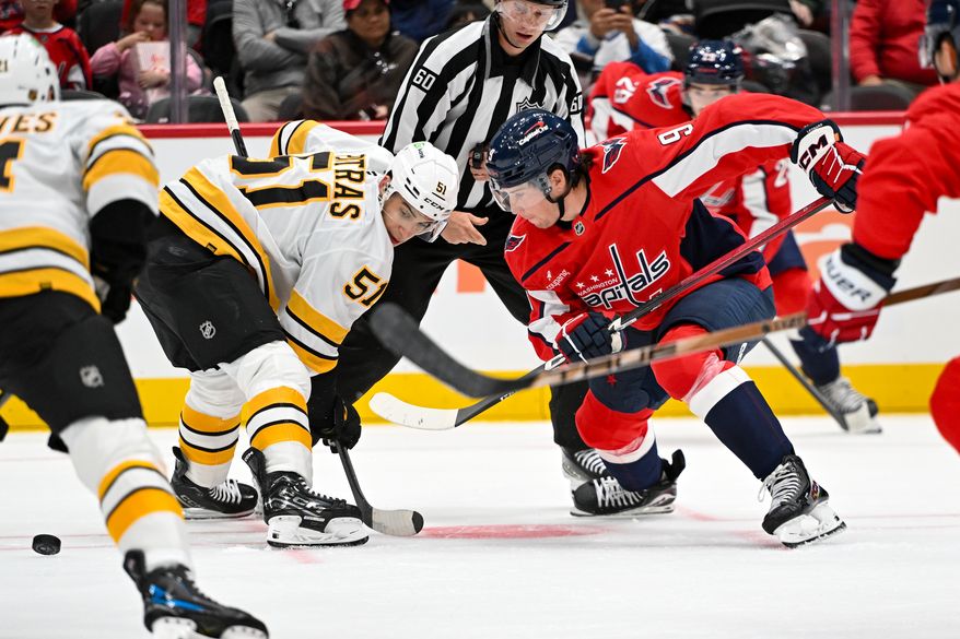 Washington Capitals forward Ryan Leonard (9) taking a face off during the first period of a preseason NHL game against the Boston Bruins at Capital One Arena in Washington D.C., October 2, 2025. (Photo for the Washington Times)