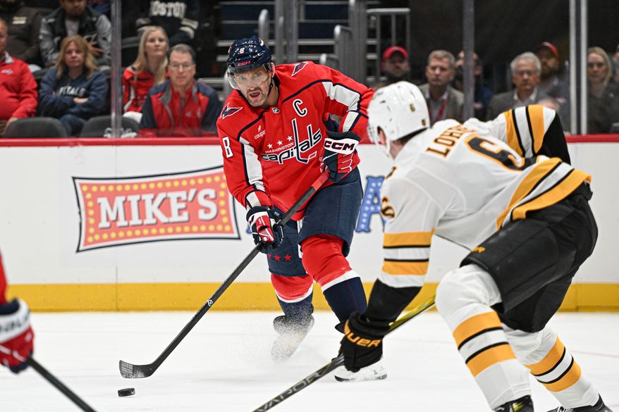 Washington Capitals left wing Alex Ovechkin (8) looking to make a pass during the second period of a preseason NHL game against the Boston Bruins at Capital One Arena in Washington D.C., October 2, 2025. (Photo for the Washington Times)