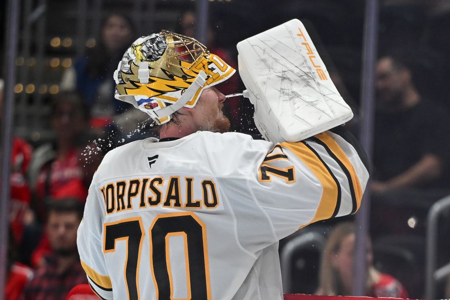 Boston Bruins goalie Joonas Korpisalo (70) getting some water during a timeout in the third period of a preseason NHL game against the Boston Bruins at Capital One Arena in Washington D.C., October 2, 2025. (Photo for the Washington Times)