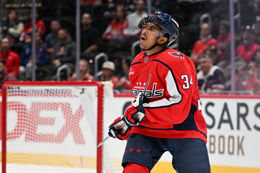 Washington Capitals forward Justin Sourdif (34) reacting after missing a shot during the third period of a preseason NHL game against the Boston Bruins at Capital One Arena in Washington D.C., October 2, 2025. (Photo for the Washington Times)