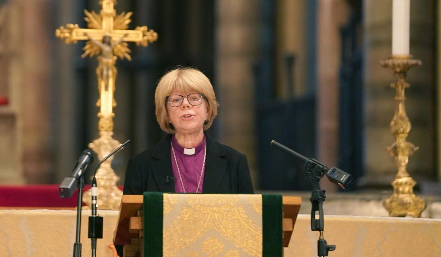 Sarah Mullally, the new Archbishop of Canterbury, spiritual leader of the world's 85 million Anglicans, speaks inside Canterbury Cathedral in Canterbury, England, Friday, Oct. 3, 2025. (AP Photo/Alberto Pezzali)