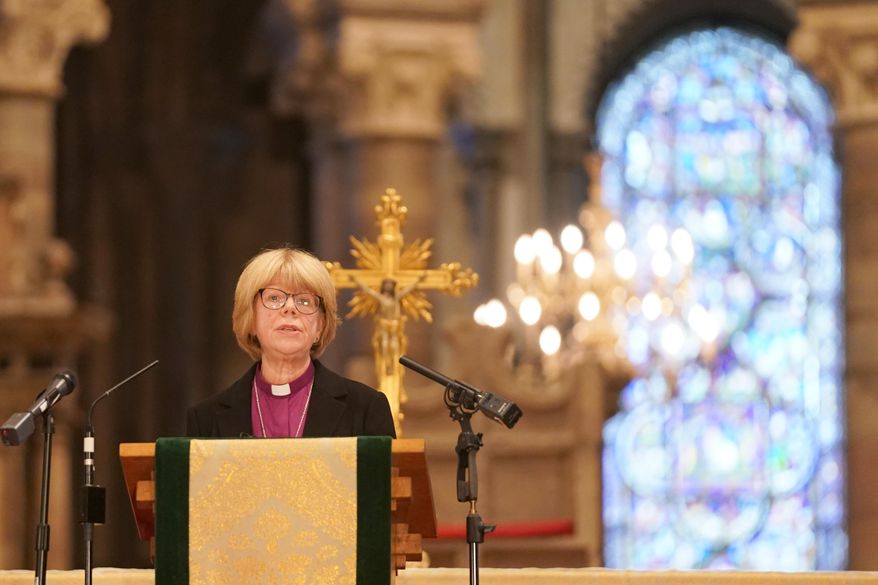 Sarah Mullally, the new Archbishop of Canterbury, spiritual leader of the world's 85 million Anglicans, speaks inside Canterbury Cathedral in Canterbury, England, Friday, Oct. 3, 2025. (AP Photo/Alberto Pezzali)
