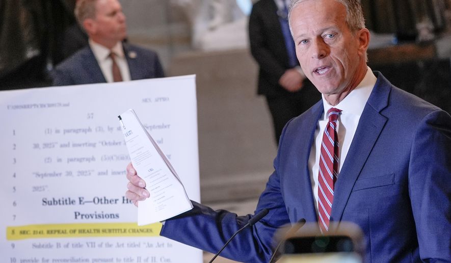 Senate Majority Leader John Thune, R-S.D., speaks during a news conference on Capitol Hill, Friday, Oct. 3, 2025, in Washington. (AP Photo/Mariam Zuhaib)