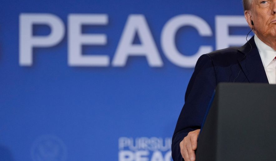 FILE - President Donald Trump listens during a news conference with Russia's President Vladimir Putin at Joint Base Elmendorf-Richardson, Alaska, Friday, Aug. 15, 2025. (AP Photo/Julia Demaree Nikhinson, File)