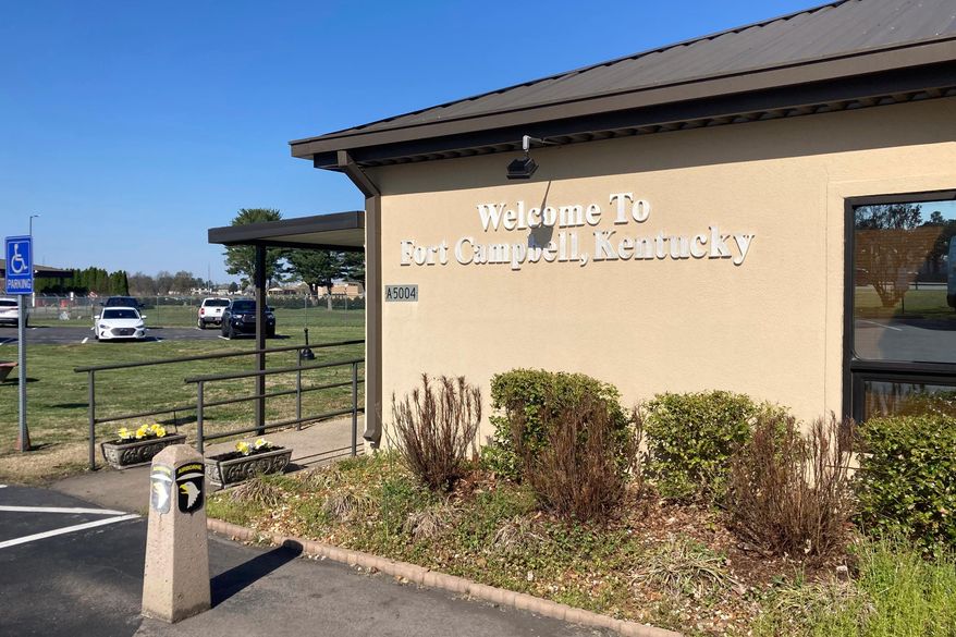 FILE - The exterior of Fort Campbell, Ky., is seen March 30, 2023. (AP Photo/Sharon Johnson, File)