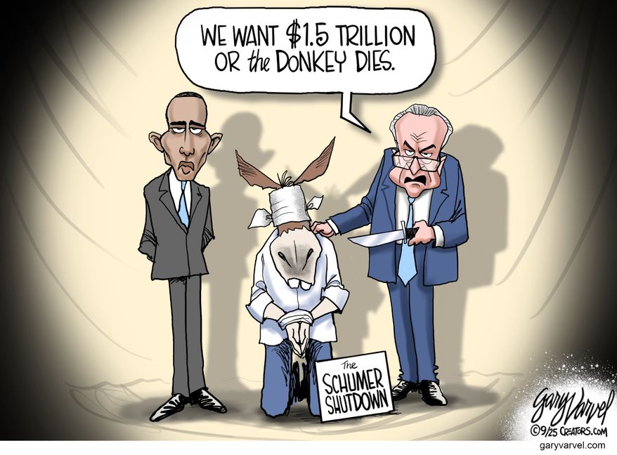 We want $1.5 trillion or the donkey dies. (Illustration by Gary Varvel for Creators Syndicate)