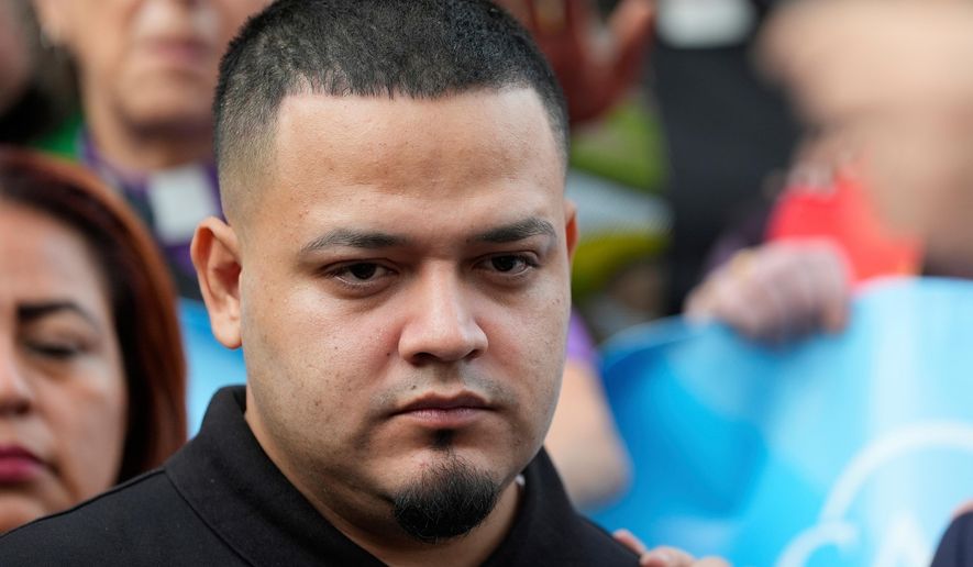 FILE - Kilmar Abrego Garcia attends a protest rally at the Immigration and Customs Enforcement field office in Baltimore, Monday, Aug. 25, 2025, to support Abrego Garcia. (AP Photo/Stephanie Scarbrough, File)