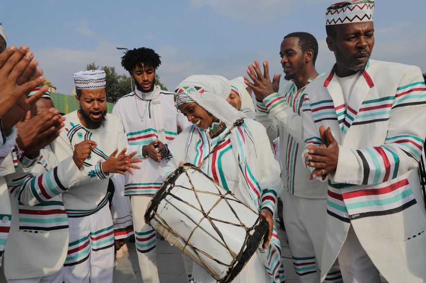 People attend the annual thanksgiving celebrations in Addis Ababa, Ethiopia, Saturday, Oct 4, 2025. (AP Photo/Amanuel Birhane)