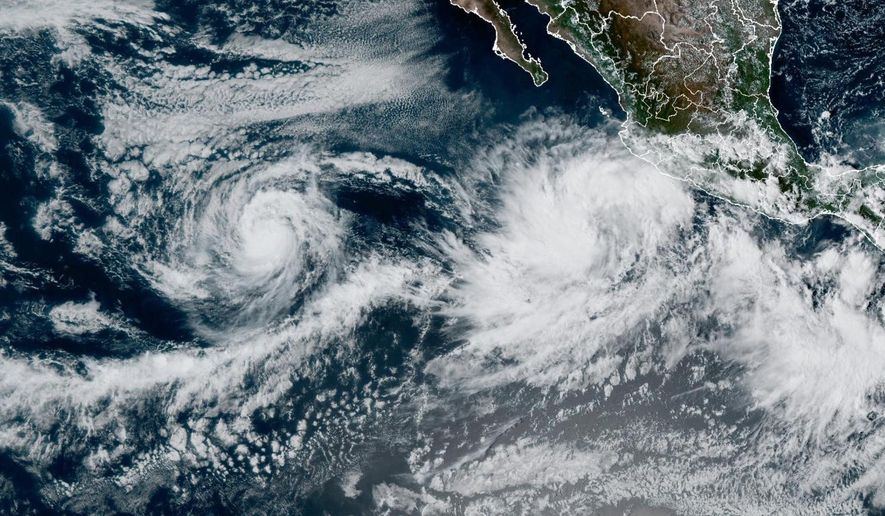 This NOAA satellite image taken at 5:20 p.m. EST on Saturday, Oct. 4, 2025, shows Tropical Storm Priscilla in the East Pacific Ocean off the coast of Mexico. (NOAA via AP)