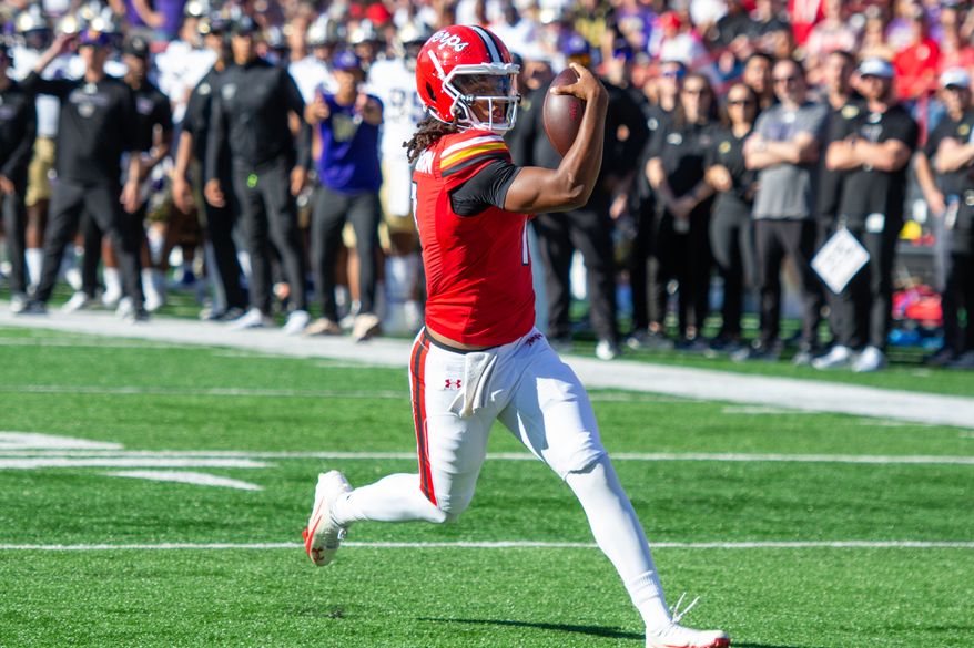 Maryland quarterback Malik Washington rushes for a touchdown in the first quarter of a game between the Terrapins and Washington Huskies on Saturday, Oct. 4, 2025, at SECU Stadium in College Park, Maryland. (Neil Dalal/All-Pro Reels)