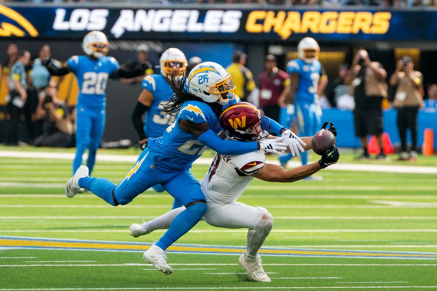 Washington Commanders Wide Receiver Luke McCaffrey (11) dives for catch at SoFi Stadium in Inglewood California. The Washington Commanders defeated the Los Angeles Chargers 27-10 during NFL Week 5 on October 5th, 2025. (Photo by Jordan Sabillo for Washington Times)
