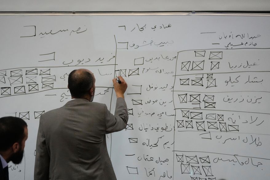 A Syrian election official writes on a board during the counting of ballots shortly after polling stations closed at Latakia's Governor building, in the coastal city of Latakia, Syria, Sunday, Oct. 5, 2025. (AP Photo/Hussein Malla)