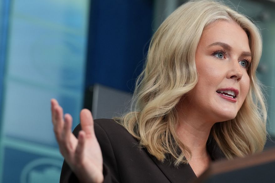 White House press secretary Karoline Leavitt speaks to reporters in the James Brady Press Briefing Room at the White House, Monday, Oct. 6, 2025, in Washington. (AP Photo/Jacquelyn Martin)