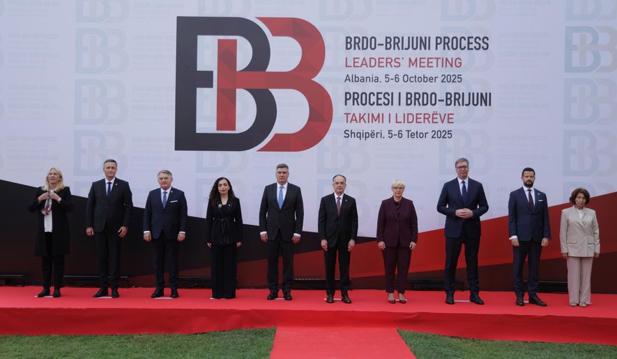 From left to right Presidents of Bosnia and Herzegovina Zeljka Cvijanovic , Denis Becirovic, Zeljko Komsic , Kosovo's President Vjosa Osmani , Croatian President Zoran Milanovic , President of Albania Bajram Begaj, Natasa Pirc Musar, President of Slovenia and Serbian President Aleksandar Vucic, Montenegro President Jakov Milatovic and North Macedonia President Gordana Siljanovska-Davkova pose for a photo during the Brdo-Brijuni, Process Leaders' Meeting in Golem, Albania, 50 kilometers (30 miles) west of the capital, Tirana , Albania on Monday, Oct. 6, 2025 .(AP Photo/Vlasov Sulaj)