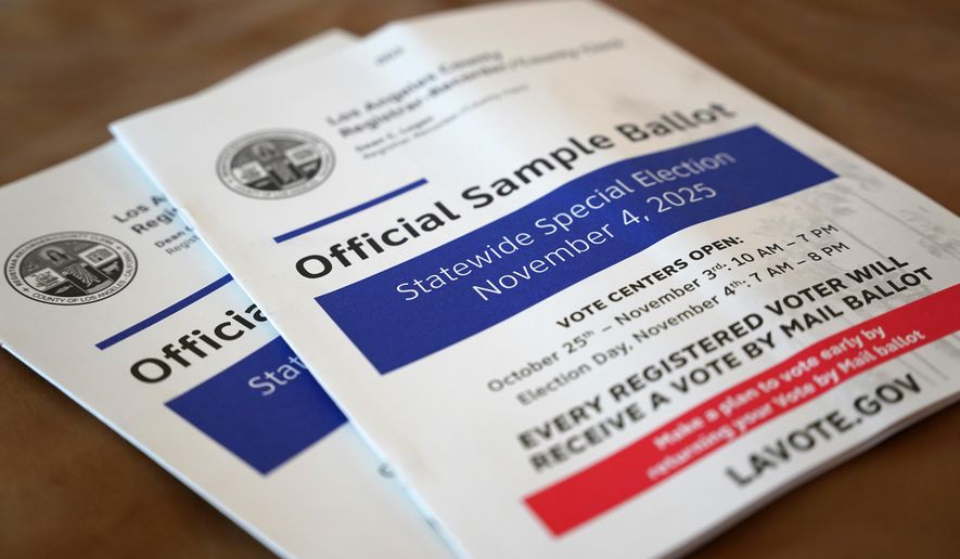 A sample ballot is pictured before early voting starts in California's statewide special election, Friday, Oct. 3, 2025, in Los Angeles. (AP Photo/Paula Ulichney-Munoz)