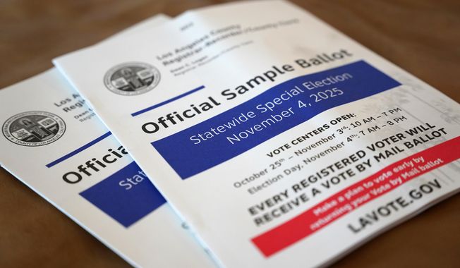 A sample ballot is pictured before early voting starts in California's statewide special election, Friday, Oct. 3, 2025, in Los Angeles. (AP Photo/Paula Ulichney-Munoz)
