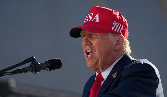 President Donald Trump speaks during a celebration for the 250th anniversary of the U.S. Navy aboard the USS Harry S. Truman at Naval Station Norfolk, Sunday, Oct. 5, 202,5 in Norfolk, Va. (AP Photo/Alex Brandon, File)