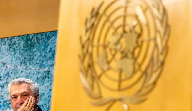 Filippo Grandi, UN High Commissioner for Refugees (UNHCR), attends UNHCR's 76th annual Executive Committee meeting at the European headquarters of the United Nations in Geneva, Switzerland, Monday, Oct. 6, 2025. (Salvatore Di Nolfi/Keystone via AP)
