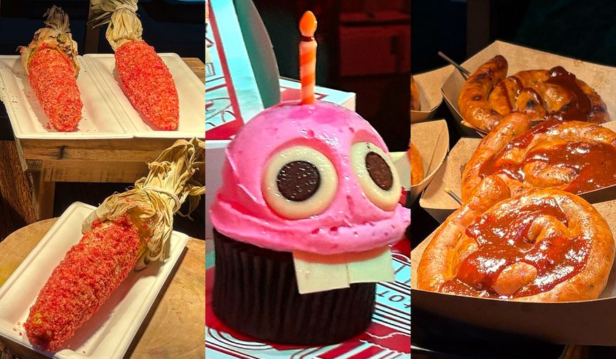 A selection of food at Universal Orlando's ‘Halloween Horror Nights' 2025 includes Elotes ($8.49), cooked ears of corn, dusted with cotija cheese and Flamin’ Hot Cheetos, Mr. Cupcake with rich chocolate cake, stuffed with raspberry jam and cannoli cream, topped with mascarpone buttercream and Spiral Sausage with harissa (chili), cumin and smoky paprika.  (Photograph by Jacquie Kubin / Special to The Washington Times)