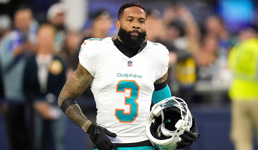 FILE - Miami Dolphins wide receiver Odell Beckham Jr. warms up prior to an NFL football game against the Los Angeles Rams, Monday, Nov. 11, 2024, in Inglewood, Calif. (AP Photo/Marcio Jose Sanchez, File)