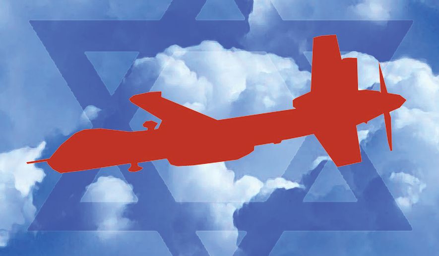 Israel’s drone defense innovations illustration by Alexander Hunter/The Washington Times