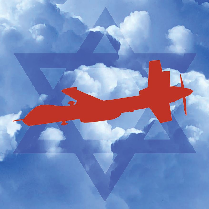 Israel’s drone defense innovations illustration by Alexander Hunter/The Washington Times