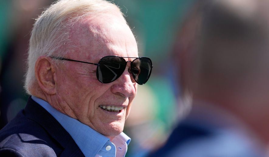 Dallas Cowboys owner Jerry Jones watches warm ups before an NFL football game against the New York Jets Sunday, Oct. 5, 2025, in East Rutherford, N.J. (AP Photo/Seth Wenig)
