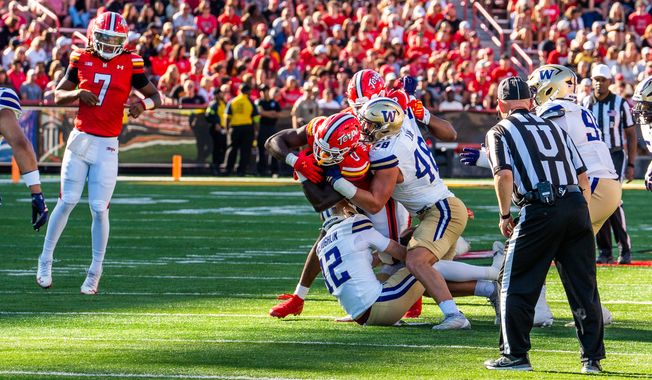 Maryland running back Dejuan Williams (0) runs against Washington during an NCAA college football game, Saturday, Oct. 4, 2025, in College Park, Md. (Andrew Banez/All-Pro Reels)