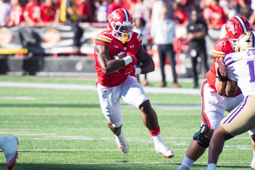 Maryland running back Dejuan Williams (0) runs against Washington during the first half of an NCAA college football game, Saturday, Oct. 4, 2025, in College Park, Md. (All-Pro Reels)