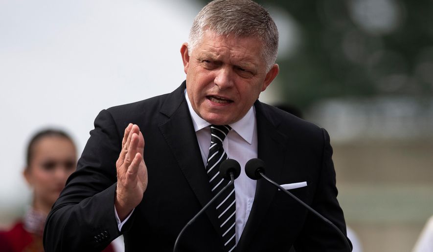 Slovakia's Prime Minister Robert Fico delivers his speech during the 130th anniversary celebration of Mária Valeria Bridge in Esztergom, Hungary, on Sunday, Sept. 28, 2025. (AP Photo/Denes Erdos)