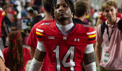 Maryland defensive back Jamare Glasker (14) walks off the field after an NCAA college football game against Washington, Saturday, Oct. 4, 2025, in College Park, Md. (Neil Dalal/All-Pro Reels)