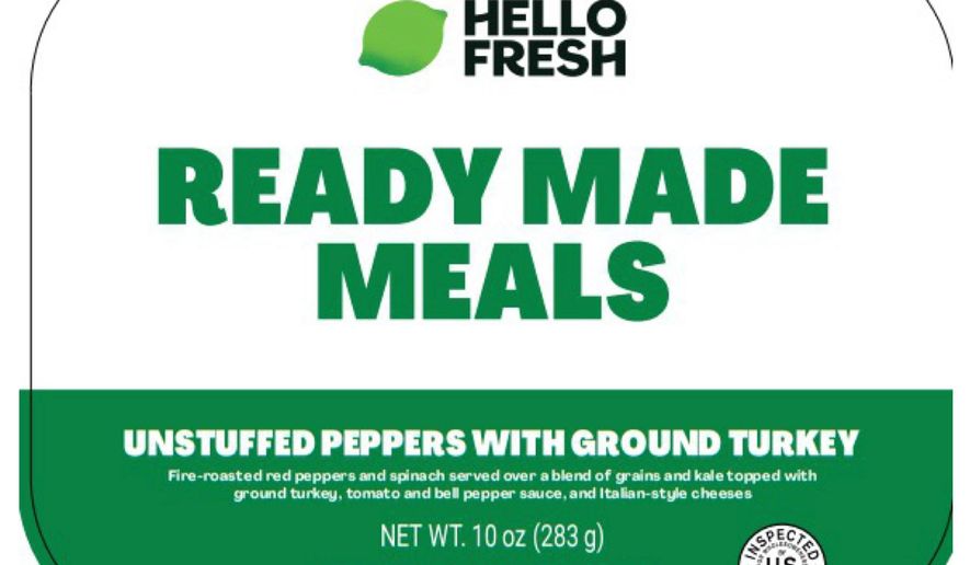 This image provided by U.S. Agriculture Department shows Hello Fresh Ready Made Meals Unstuffed Peppers with Ground Turkey, where Federal health officials late Monday, Oct. 6, 2025, warned people not to eat certain subscription meal kits containing spinach that may be contaminated with listeria and identified with Est. P-47718 and lot codes 50069, 50073 or 50698.(U.S. Agriculture Department via AP)