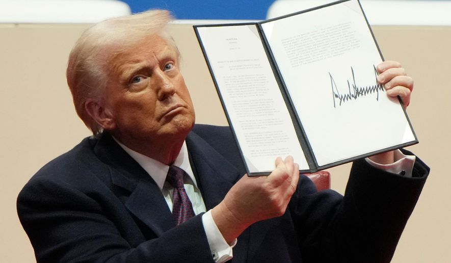 FILE - President Donald Trump holds up an executive order after signing it at an indoor Presidential Inauguration parade event in Washington, Jan. 20, 2025. (AP Photo/Matt Rourke, File)