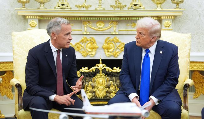 Canadian Prime Minister Mark Carney speaks during a meeting with President Donald Trump at the White House, Tuesday, Oct. 7, 2025, in Washington. (AP Photo/Evan Vucci) Washington. (AP Photo/Evan Vucci)