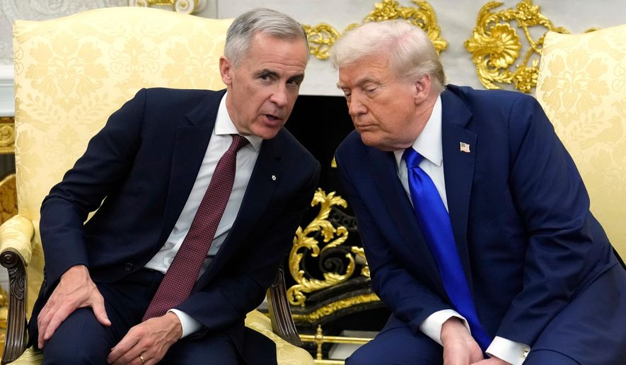 Canada Prime Minister Mark Carney and President Donald Trump hold a press conference at the White House in Washington, Tuesday, Oct. 7, 2025. (Adrian Wyld/The Canadian Press via AP)