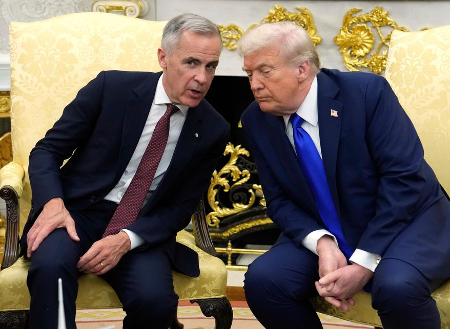 Canada Prime Minister Mark Carney and President Donald Trump hold a press conference at the White House in Washington, Tuesday, Oct. 7, 2025. (Adrian Wyld/The Canadian Press via AP)