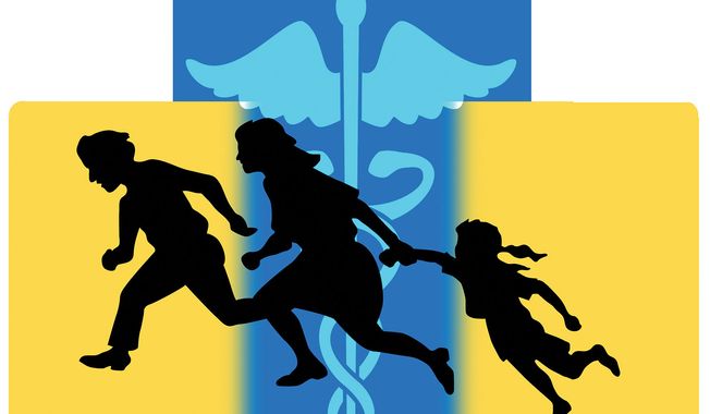 Illegal immigrants and health care illustration by Alexander Hunter/The Washington Times